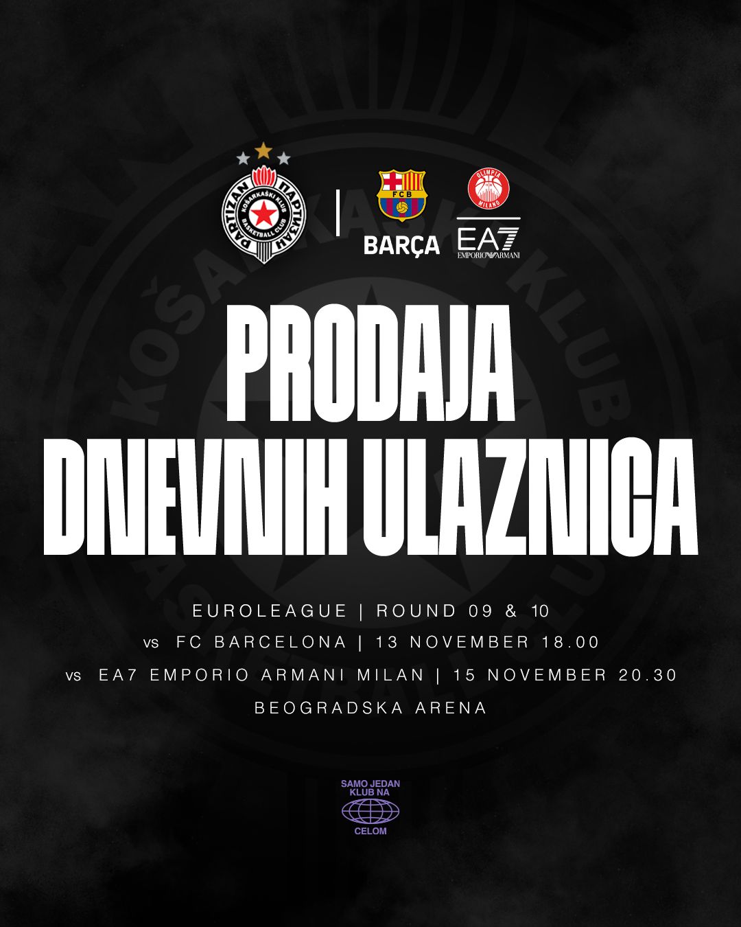 Prodaja dnevnih ulaznica za mečeve protiv Barselone i Olimpije Milano počinje u petak, 8. novembra