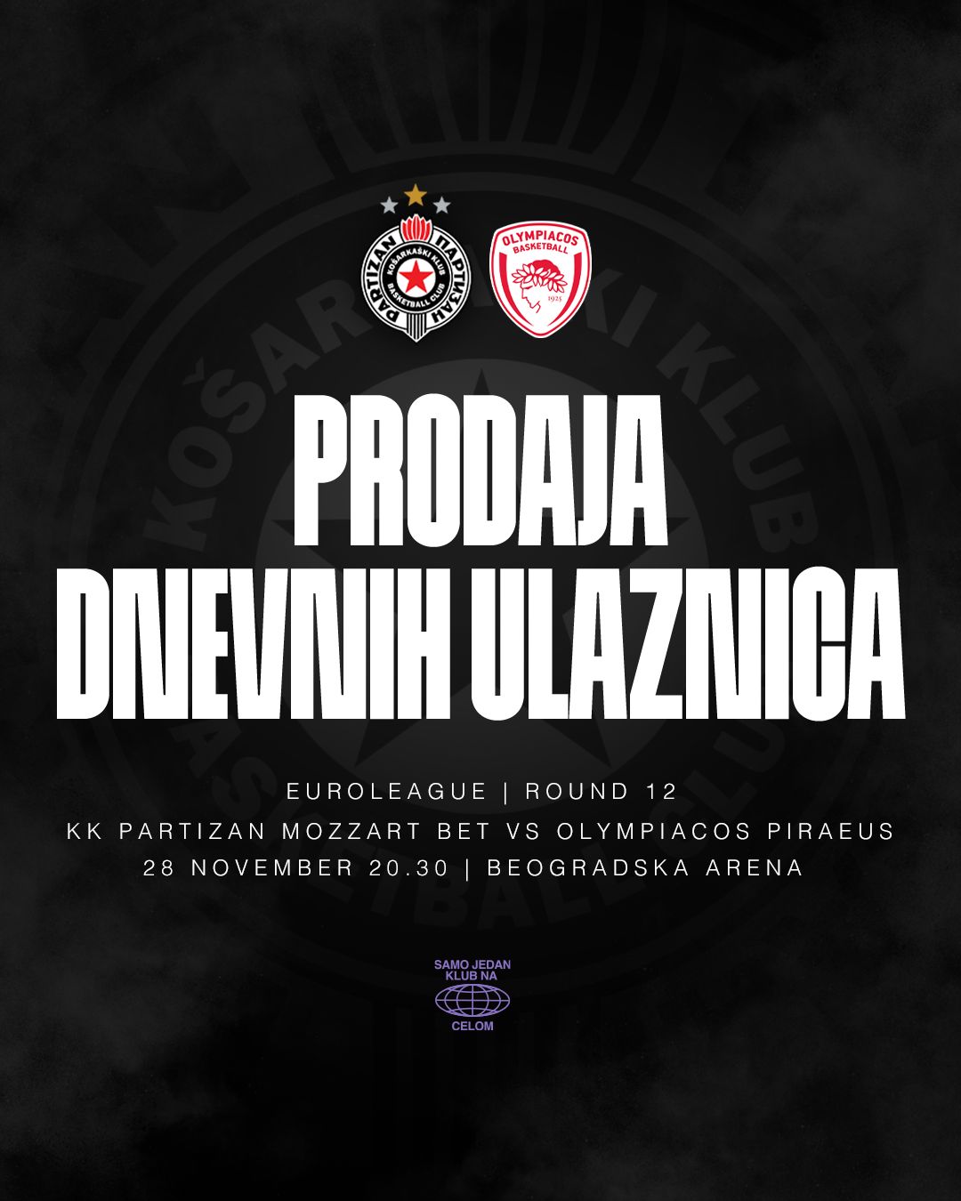 Prodaja dnevnih ulaznica za meč protiv Olimpijakosa počinje u sredu, 20. novembra