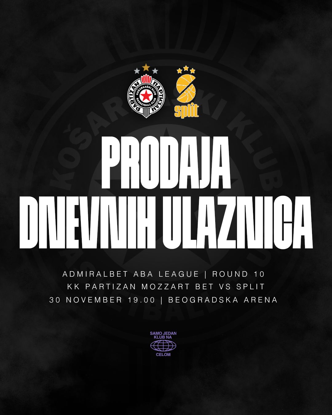 Prodaja dnevnih ulaznica za meč protiv Splita  počinje u utorak, 26. novembra, u podne